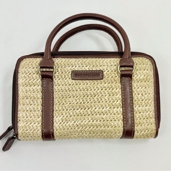 Connections Cream Woven Brown Faux Leather Two Piece Coastal Wallet Handbag Set - Picture 11 of 16